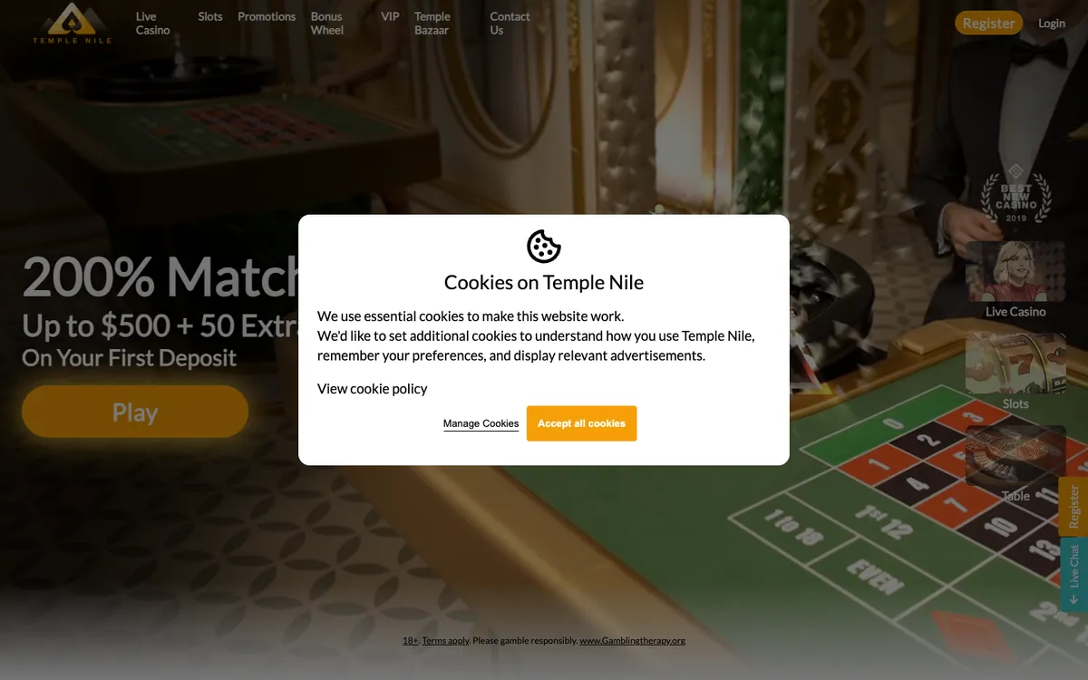Temple Nile Casino — Home page, captured from New Zealand