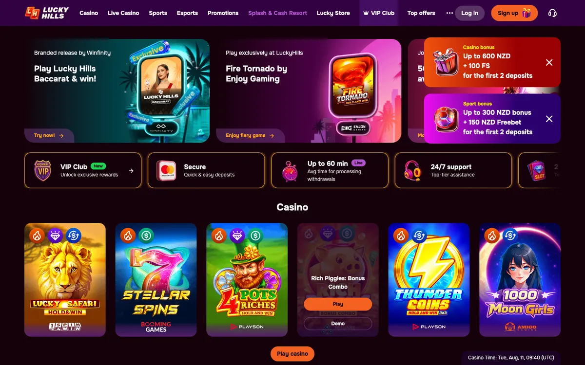 LuckyHills Casino — Home page, captured from New Zealand
