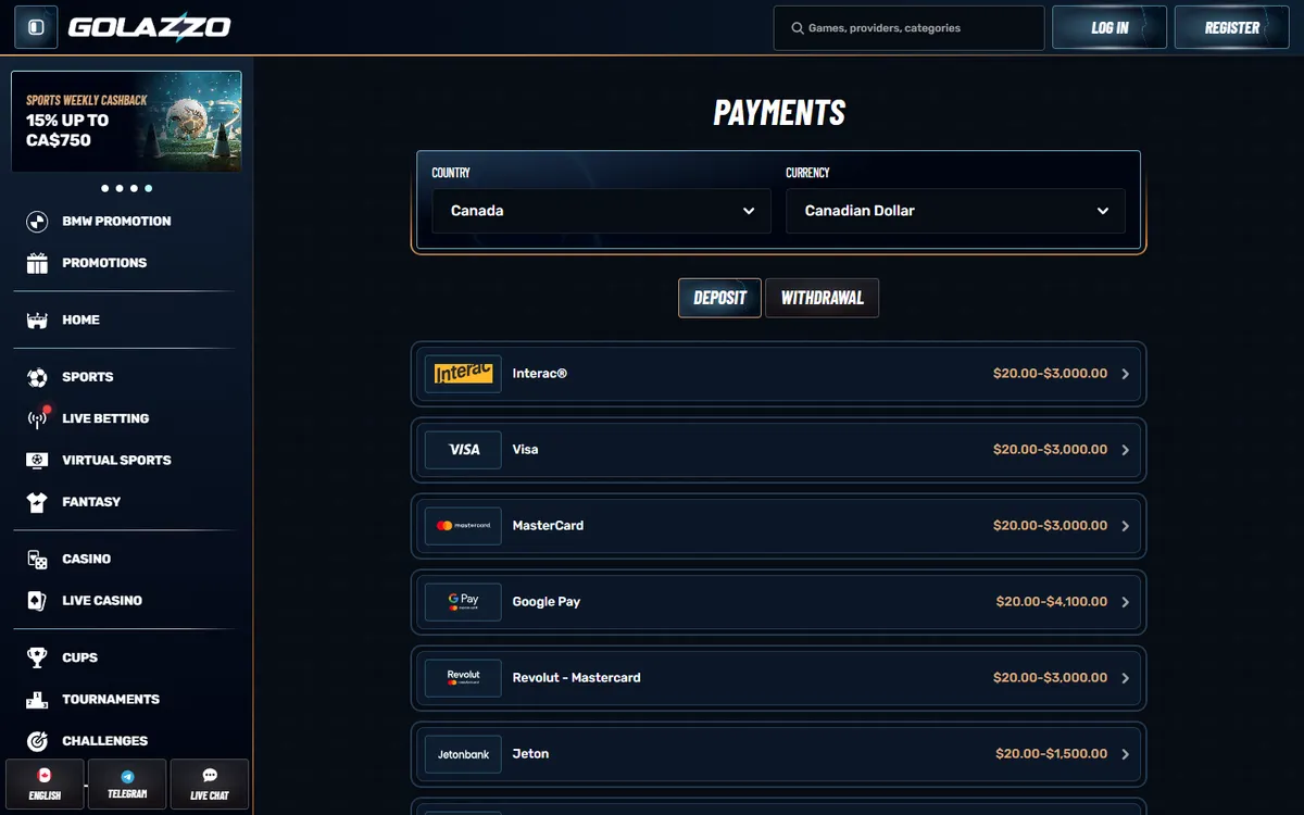 Golazzo Casino — Payments, captured from Canada