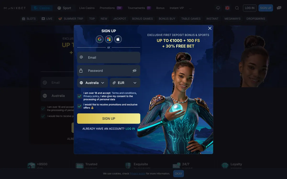 Monixbet Casino — Sign-up, captured from Australia