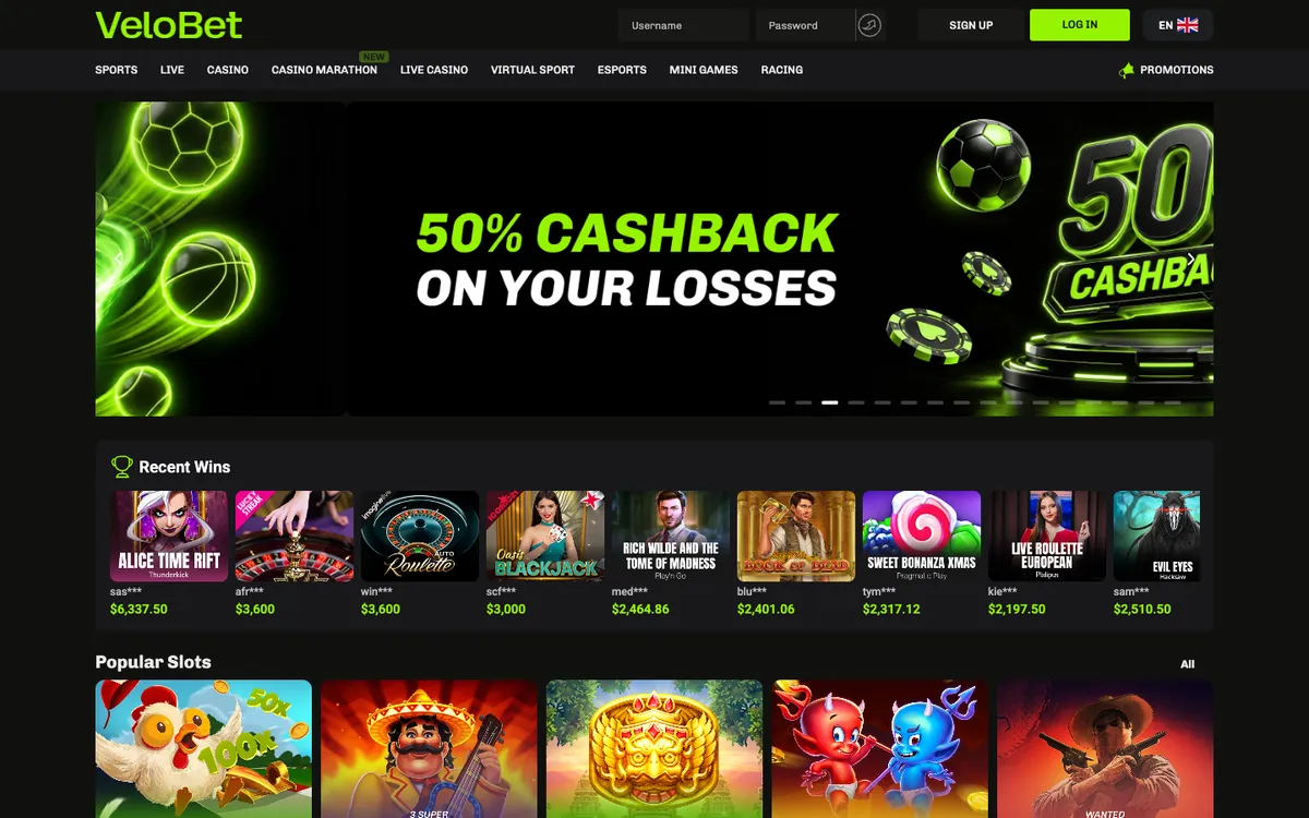 Velobet Casino — Home page, captured from Canada