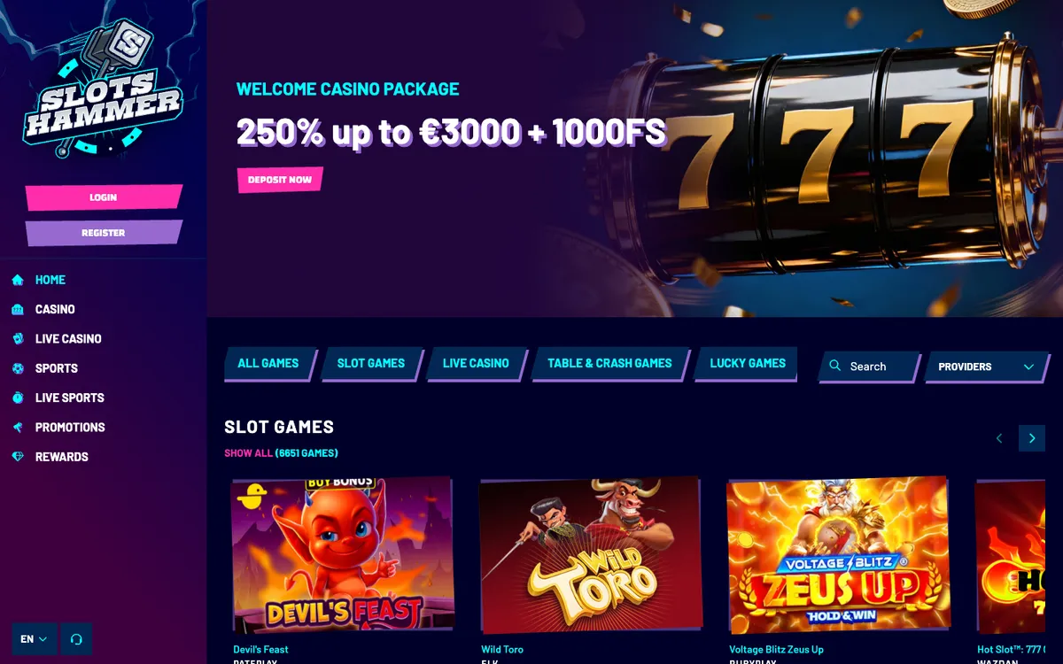 Slots Hammer Casino — Home page, captured from Austria
