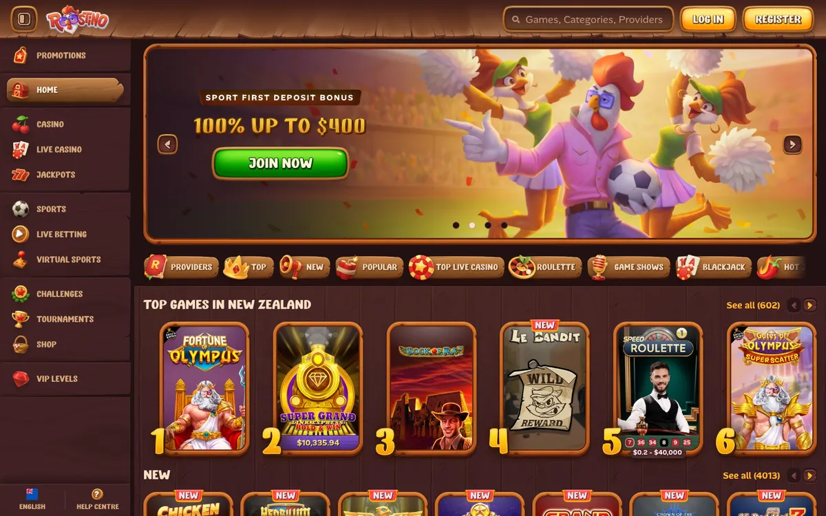 Roostino Casino — Home page, captured from New Zealand