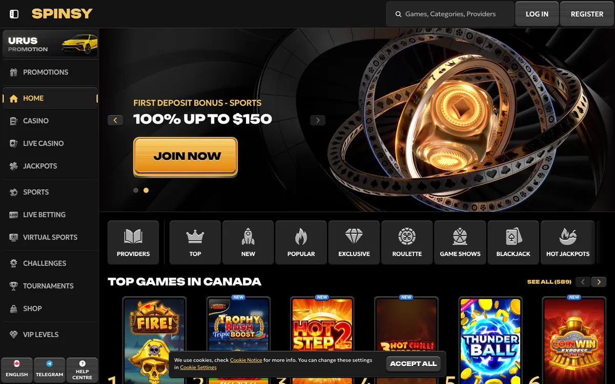 Spinsy Casino — Home page, captured from Canada