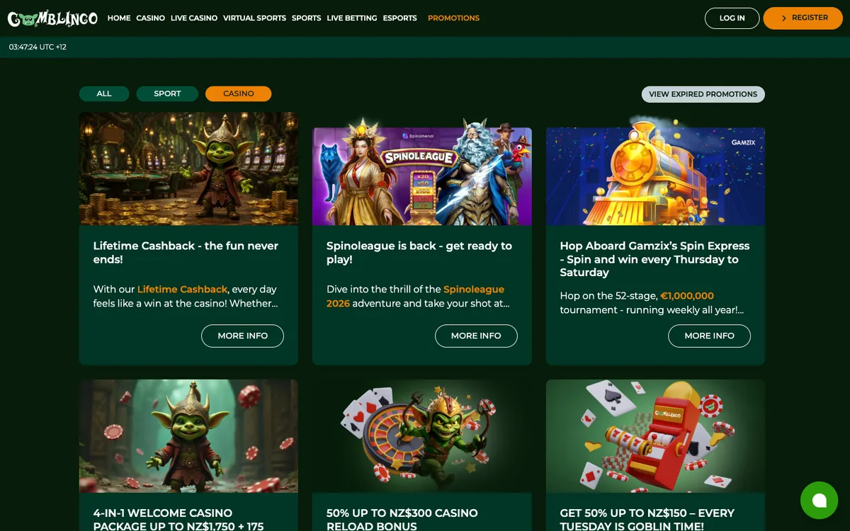 Gomblingo Casino — Promotions, captured from New Zealand