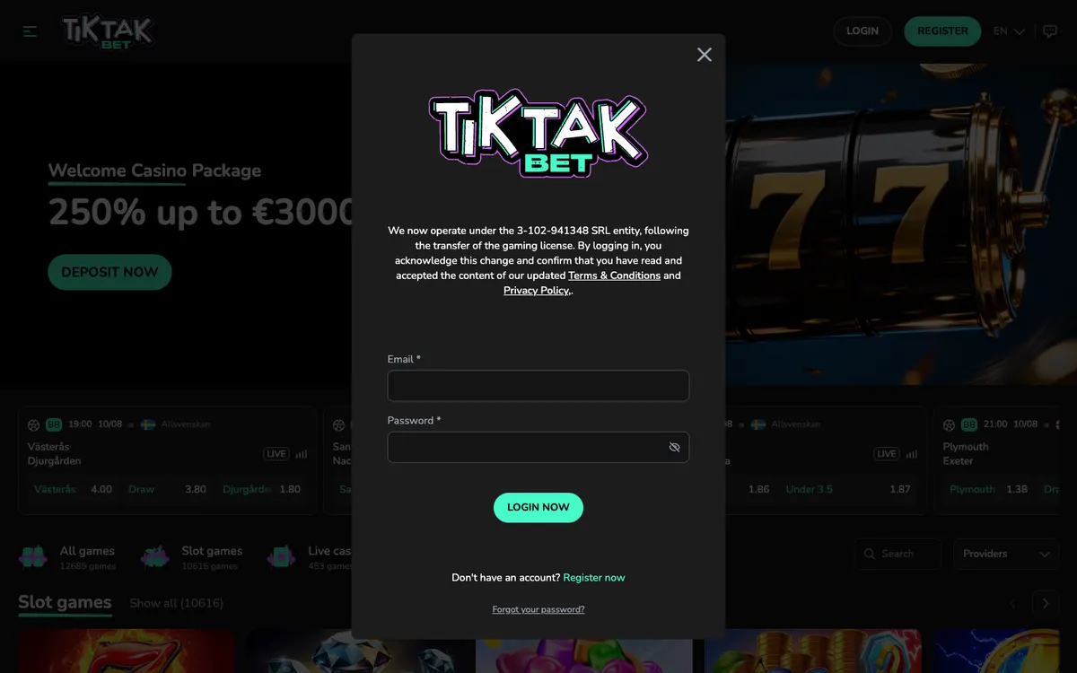 TikTak Bet Casino — Sign-up, captured from Austria