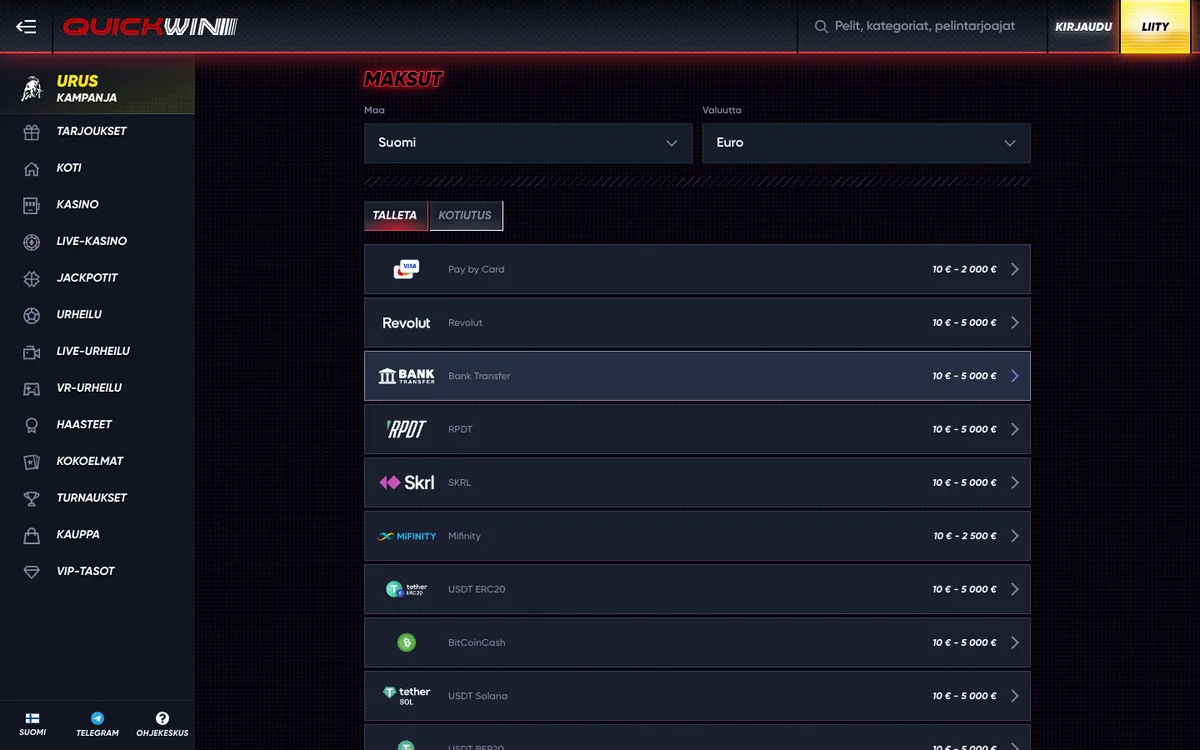 QuickWin Casino — Payments, captured from Finland