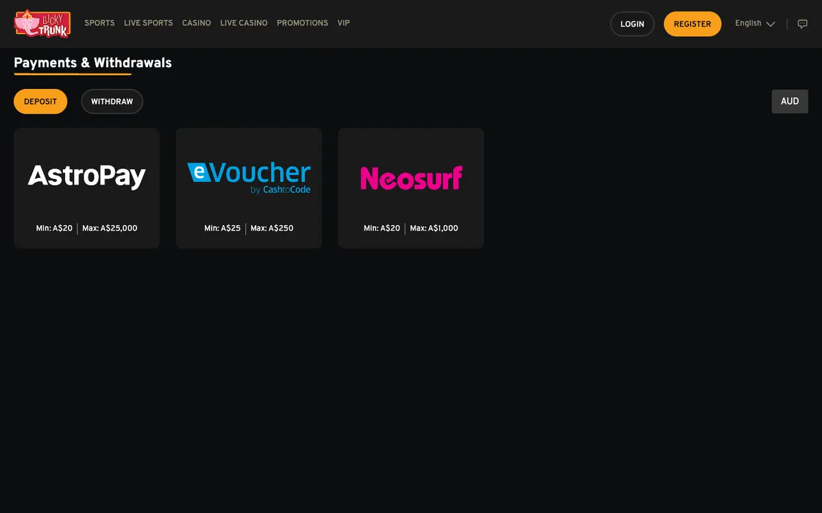 Lucky Trunk Casino — Payments, captured from Australia