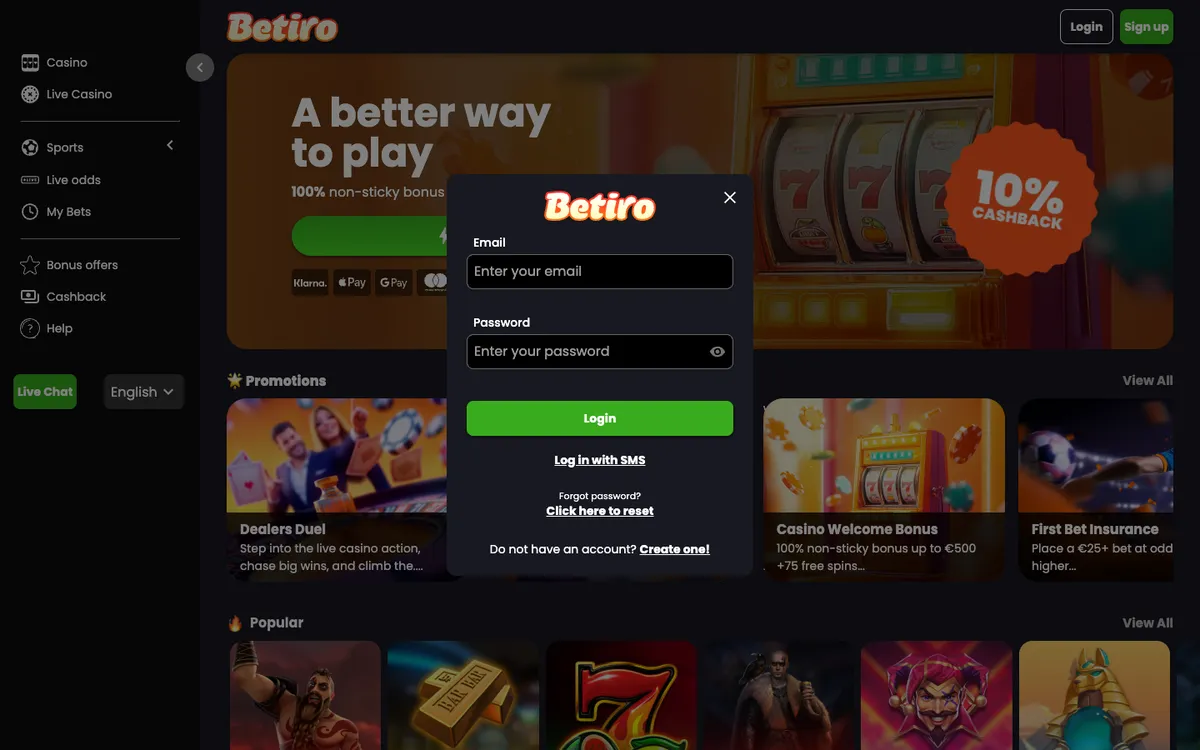 Betiro Casino — Sign-up, captured from Norway