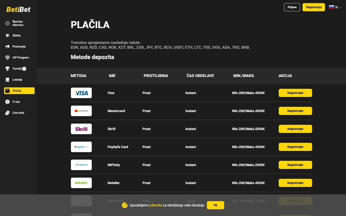 BETiBET Casino — Payments, captured from Slovenia
