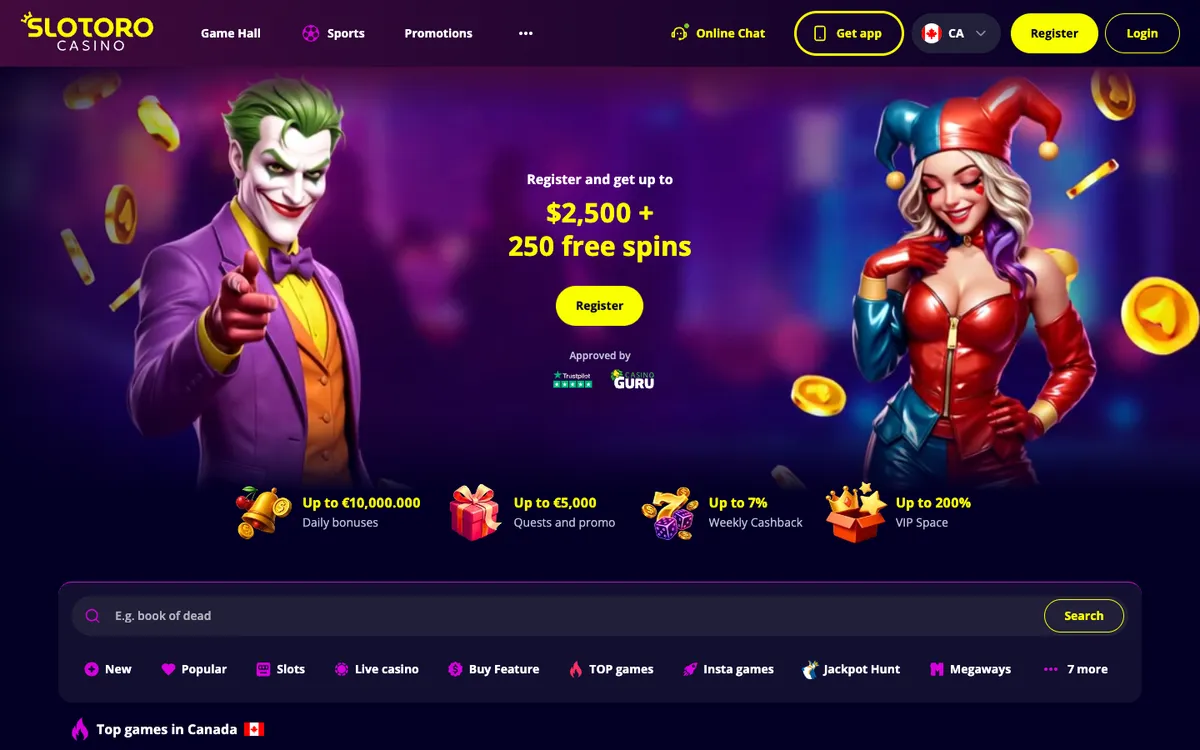 Slotoro Casino — Home page, captured from Canada