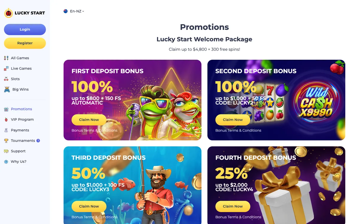Luckystart Casino — Promotions, captured from New Zealand