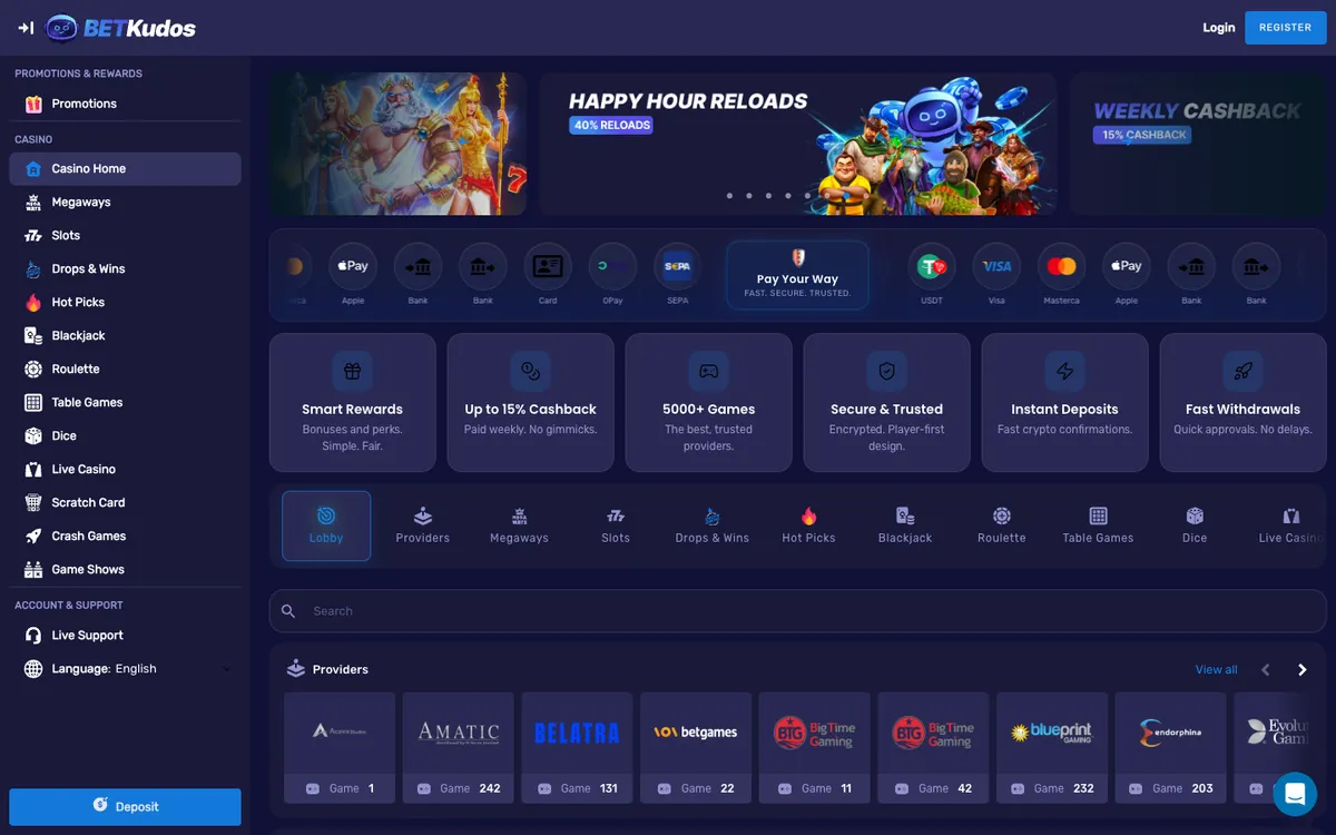 BetKudos Casino — Home page, captured from Japan