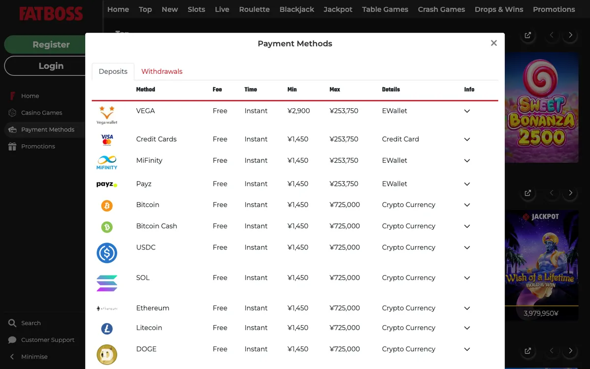 FatBoss Casino — «Платежи», снято из страны Япония