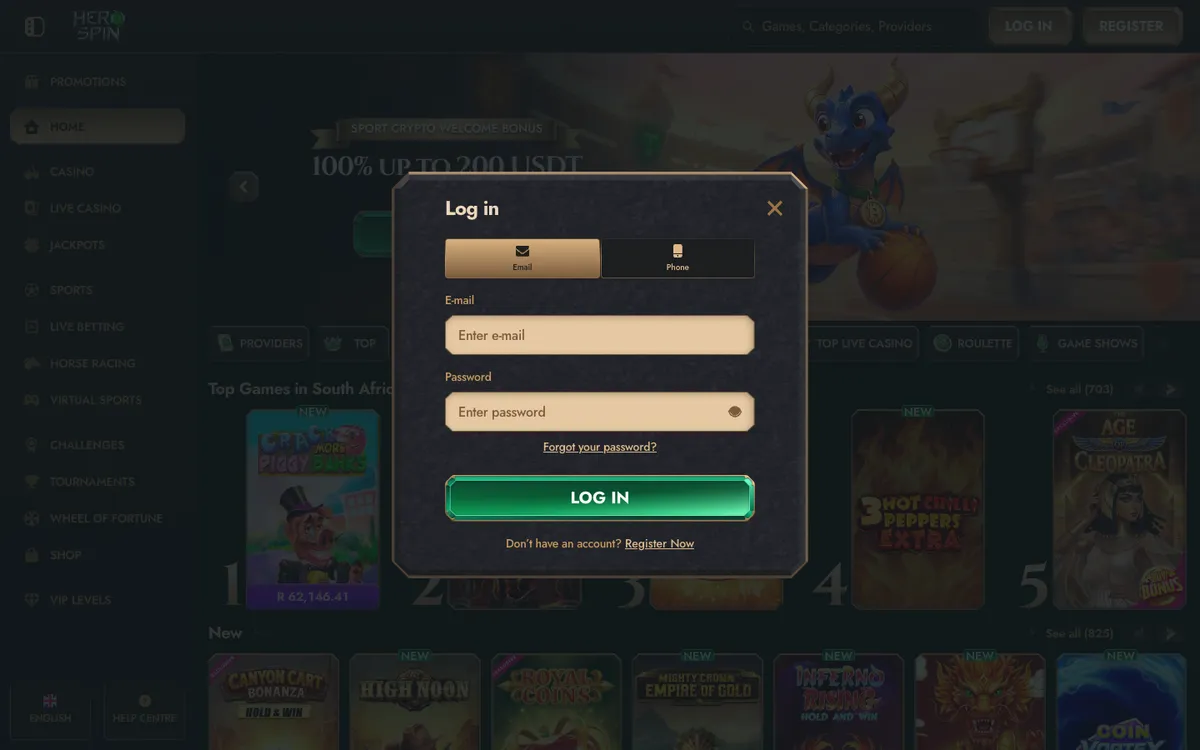 HeroSpin Casino — «Регистрация», снято из страны Южно-Африканская Республика