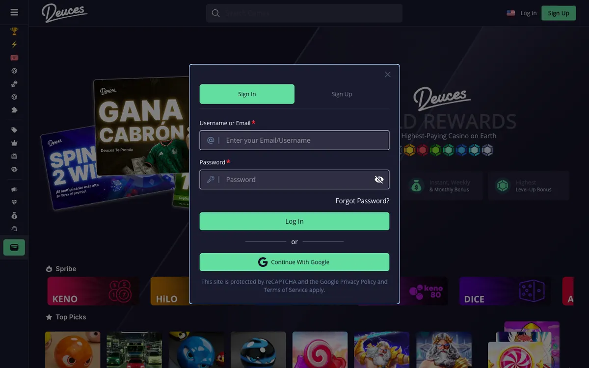 Deuces Casino — Sign-up, captured from Mexico
