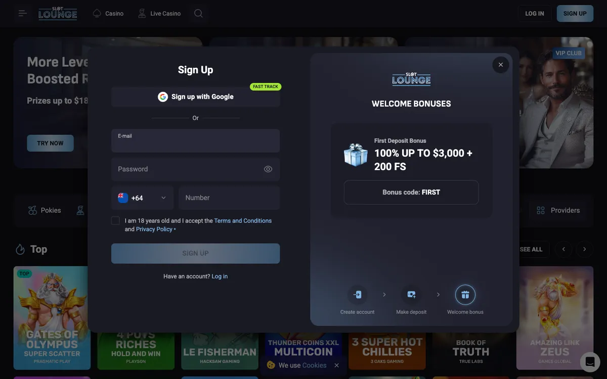 SlotLounge Casino — Sign-up, captured from New Zealand