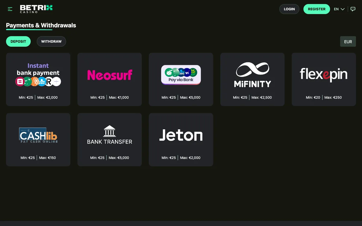 Betrix Casino — Payments, captured from Belgium