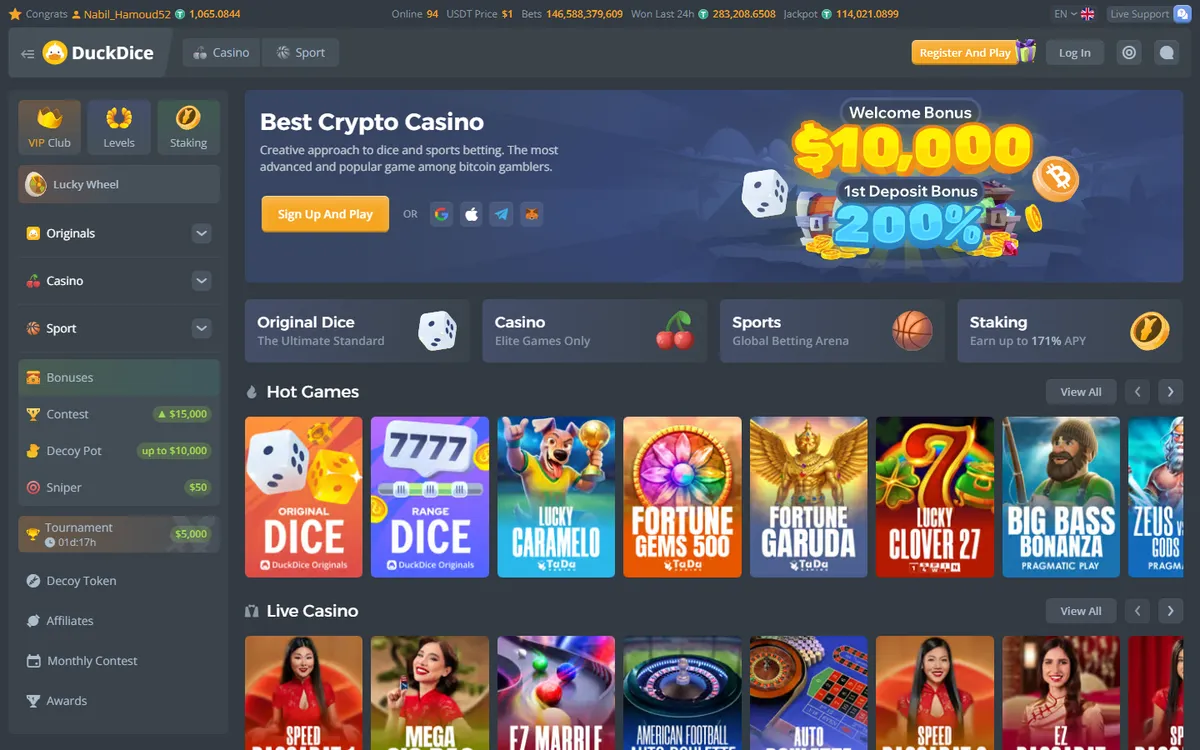 DuckDice Casino — Home page, captured from Canada