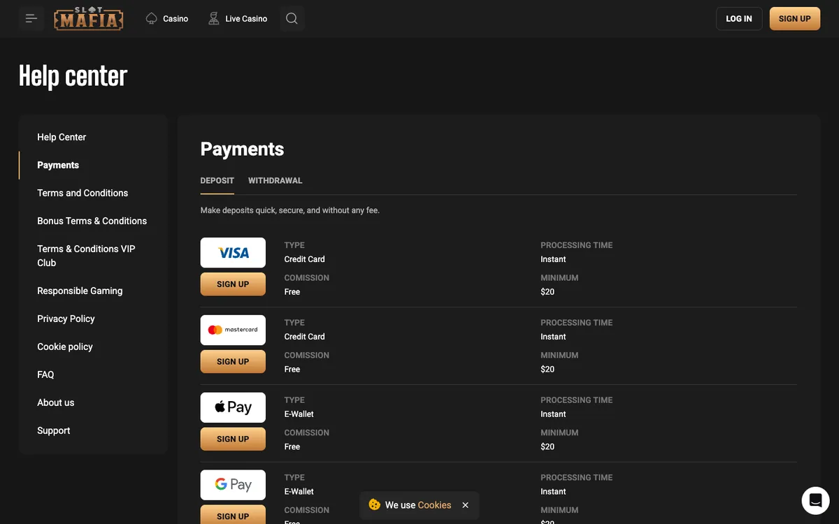 Slot Mafia Casino — Payments, captured from Australia