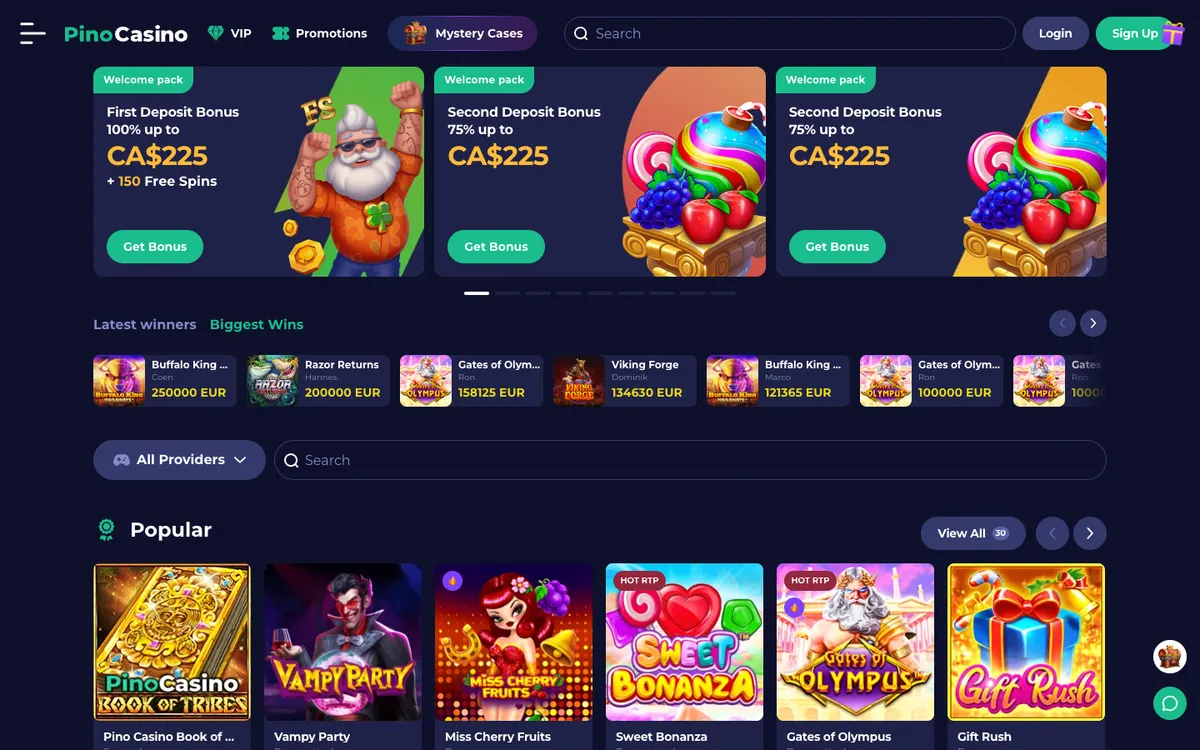 PinoCasino — Home page, captured from Canada