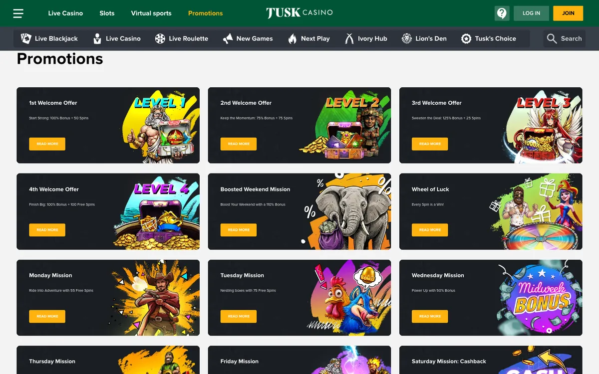 Tusk Casino — Promotions, captured from Austria