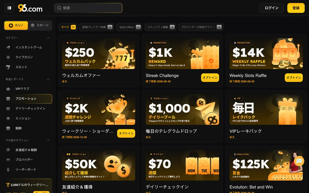 96 Casino — Promotions, captured from Japan