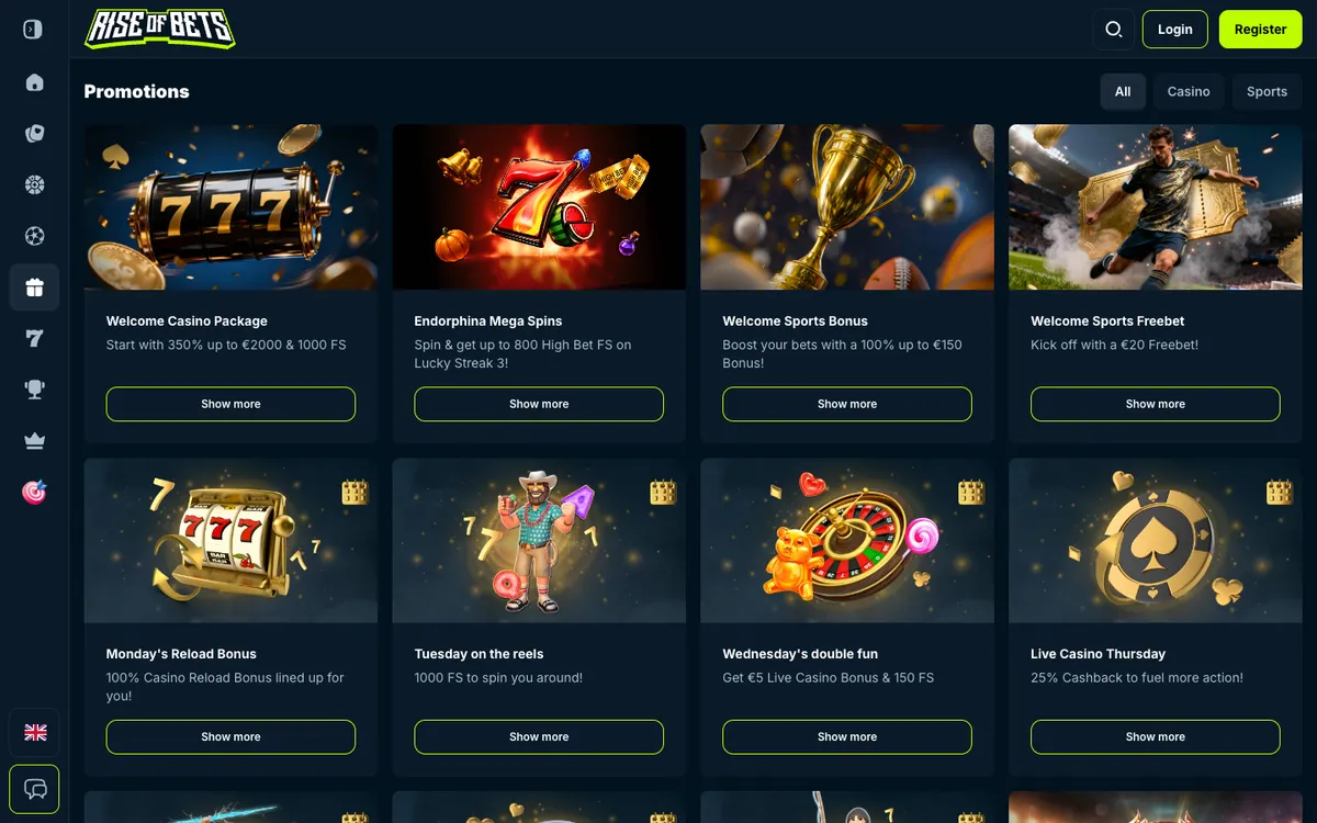 Rise of Bets Casino — Promotions, captured from Belgium