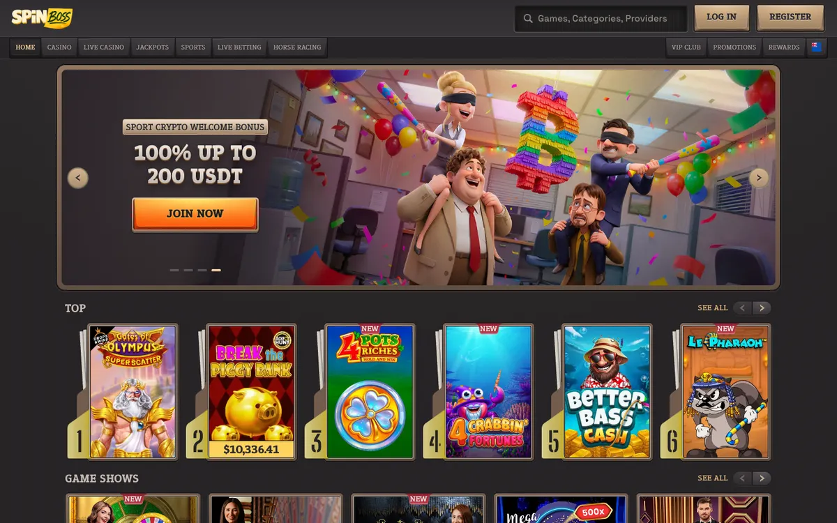 SpinBoss Casino — Home page, captured from New Zealand