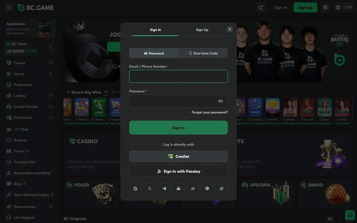 BC.Game Casino — Sign-up, captured from Czechia