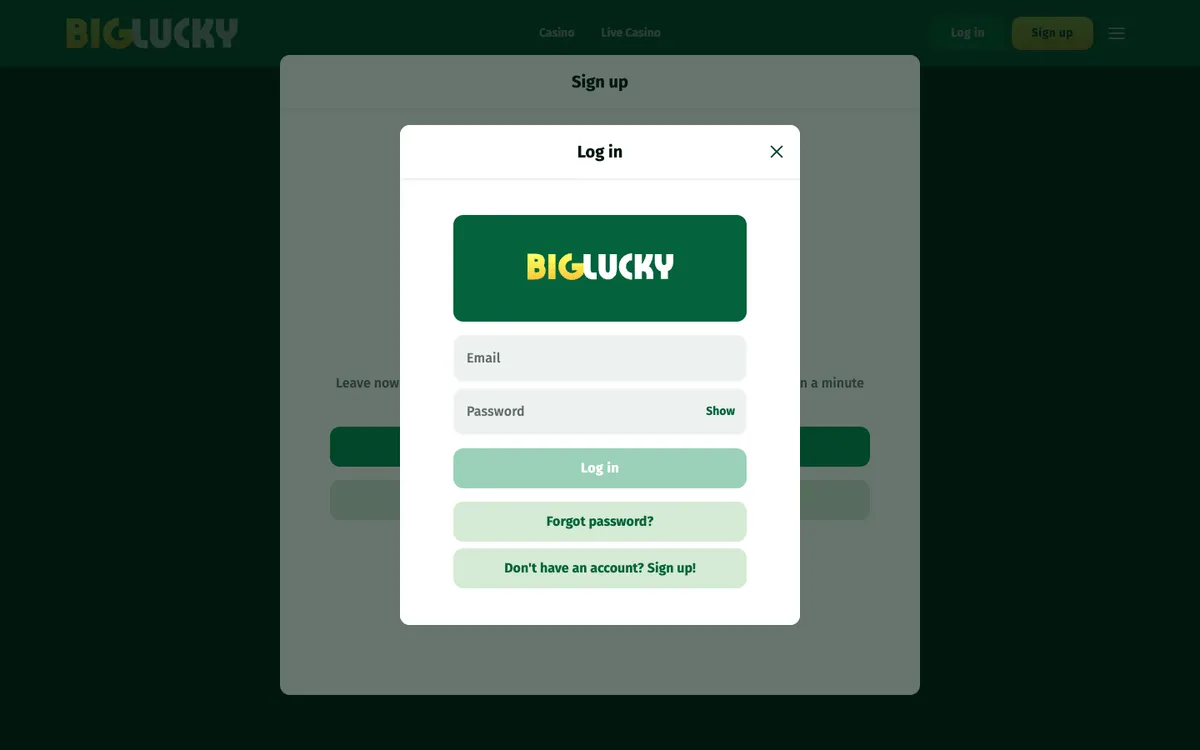 Big Lucky Casino — Sign-up, captured from Austria