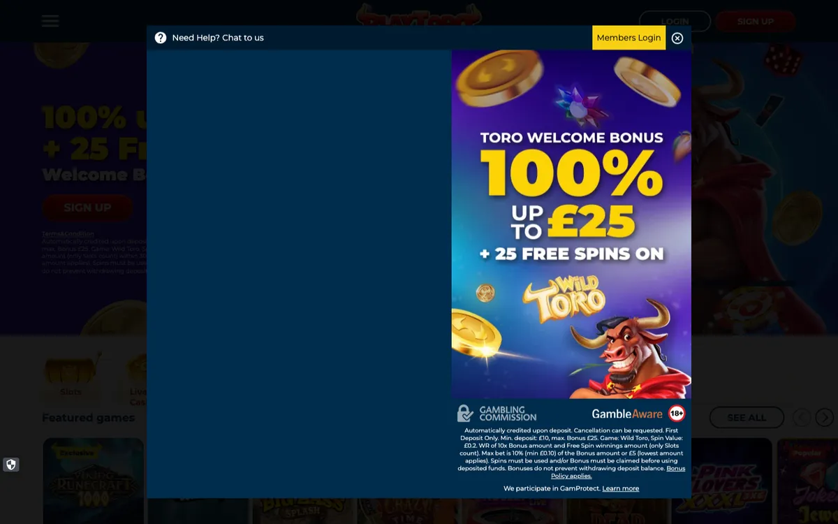 PlayToro Casino — Sign-up, captured from United Kingdom