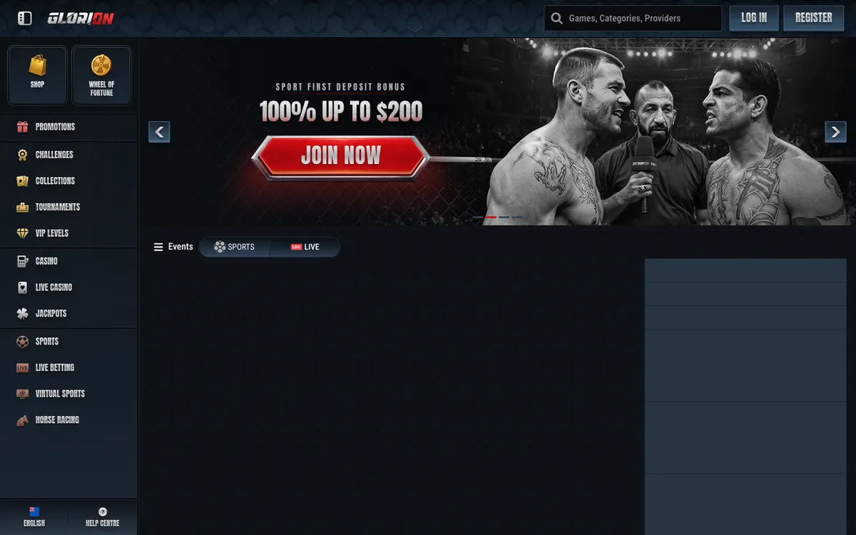 Glorion Casino — Home page, captured from New Zealand