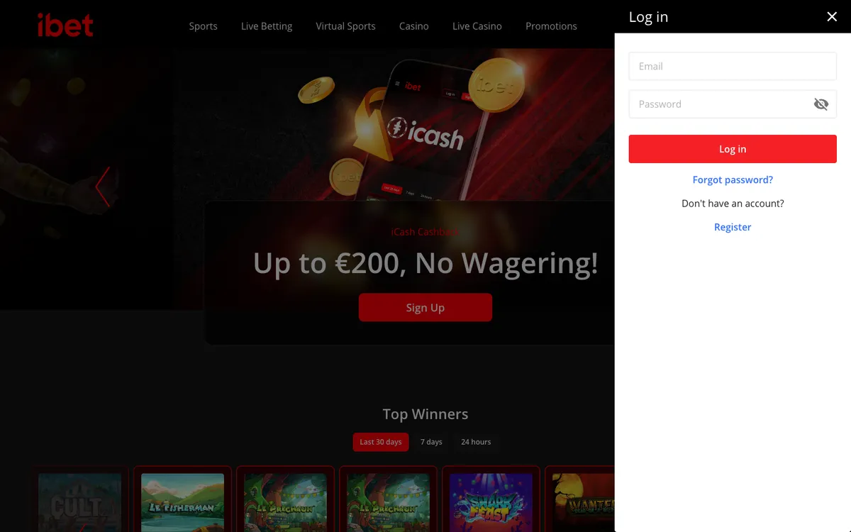 iBet Casino — «Регистрация», снято из страны Австрия