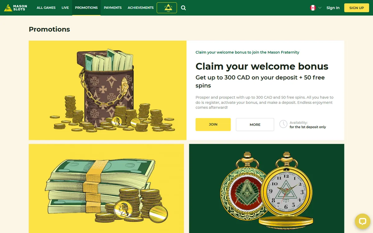 Mason Slots Casino — Promotions, captured from Canada