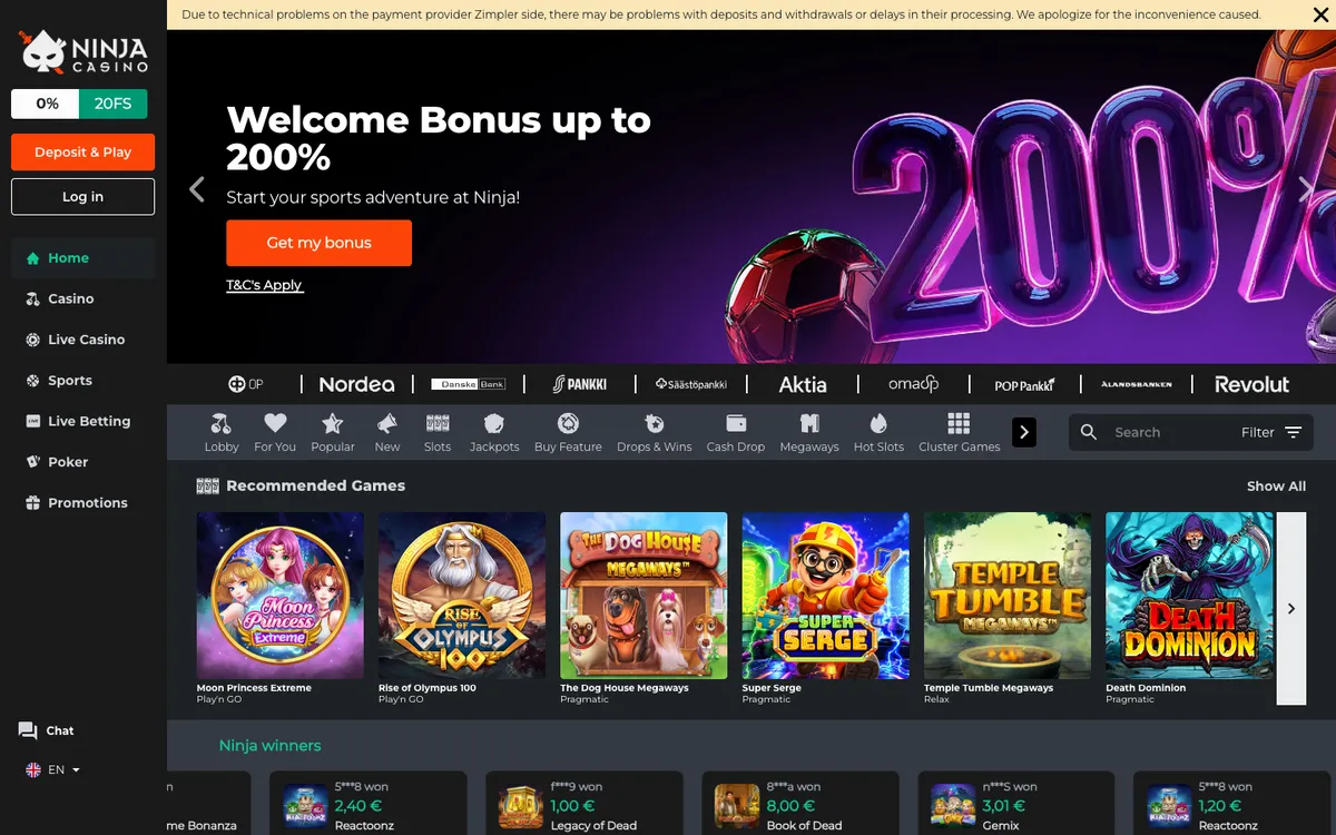 Ninja Casino — Home page, captured from Estonia