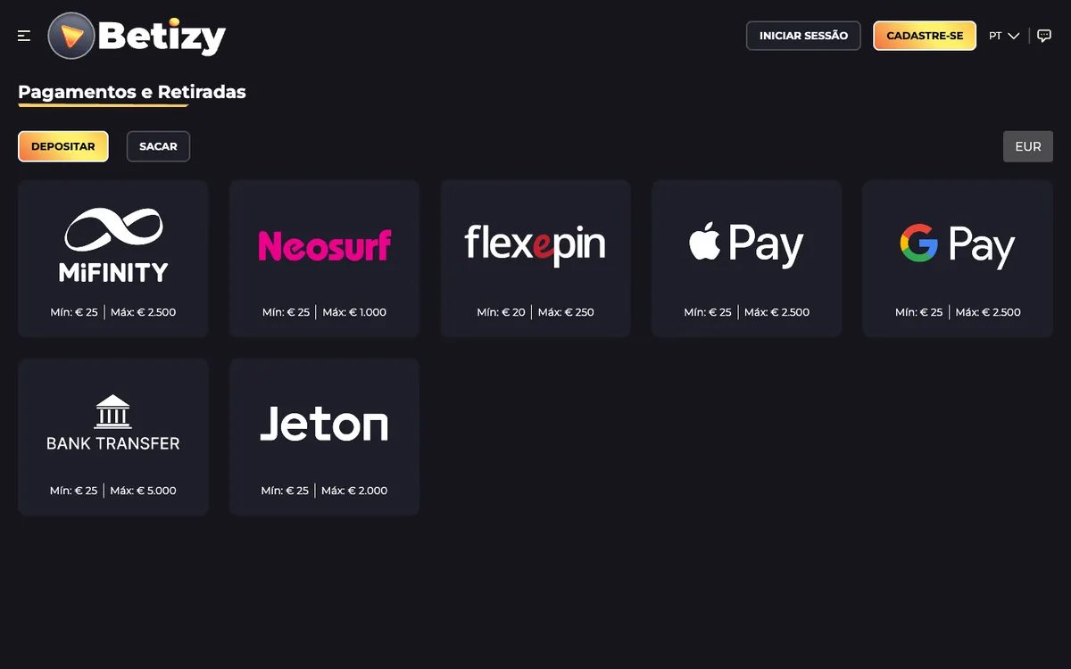 Betizy Casino — Payments, captured from Brazil