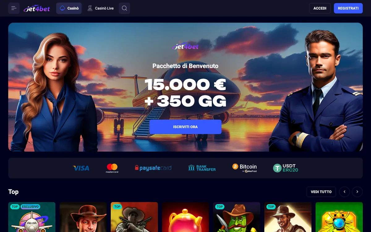 Jet4bet Casino — Home page, captured from Italy