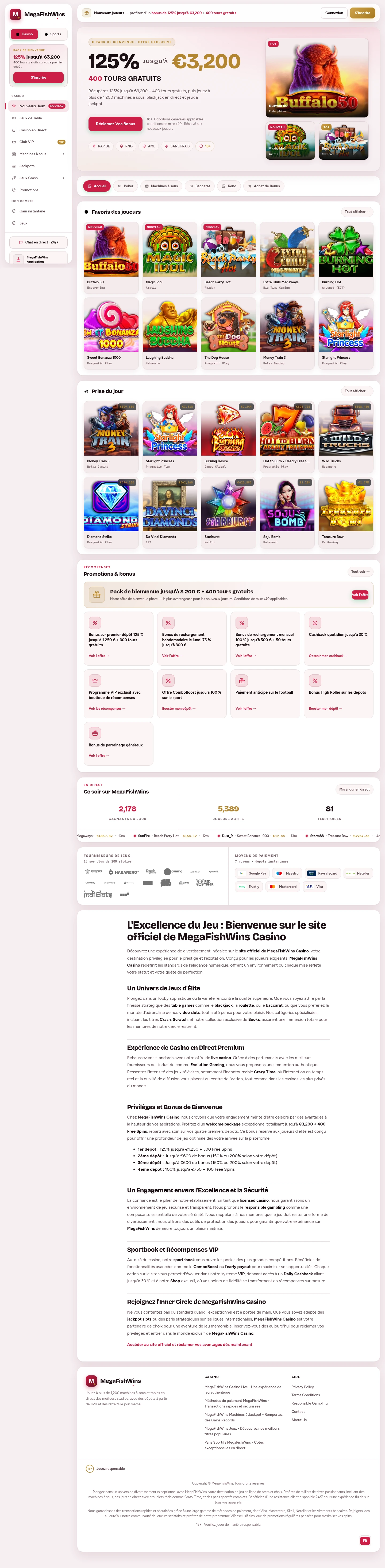 MegaFishWins Casino — Home page, captured from Portugal