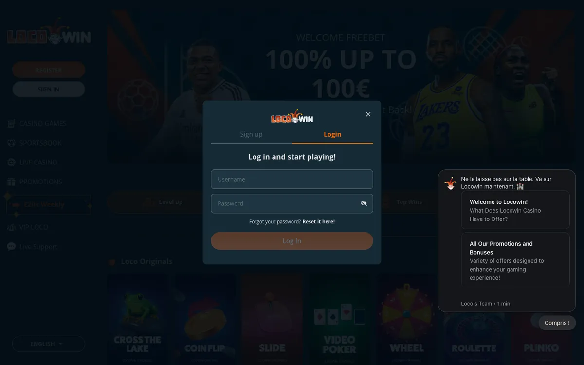 Locowin Casino — «Регистрация», снято из страны Франция