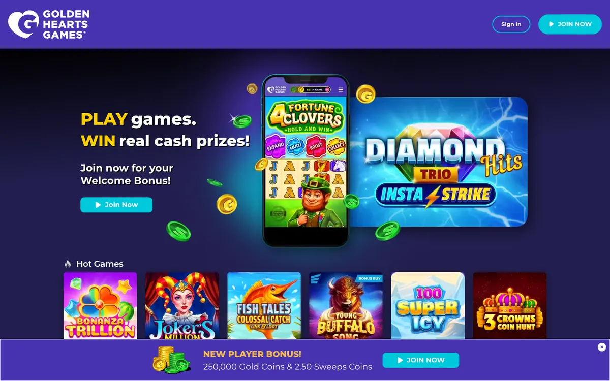 Golden Hearts Games Casino — Home page, captured from United States
