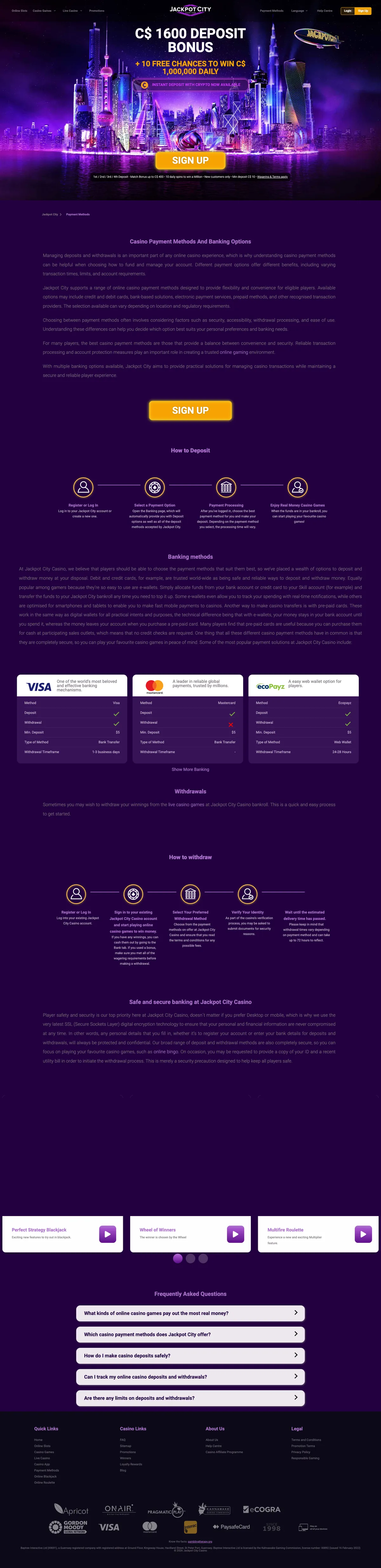 Jackpot City Casino — Payments, captured from Canada