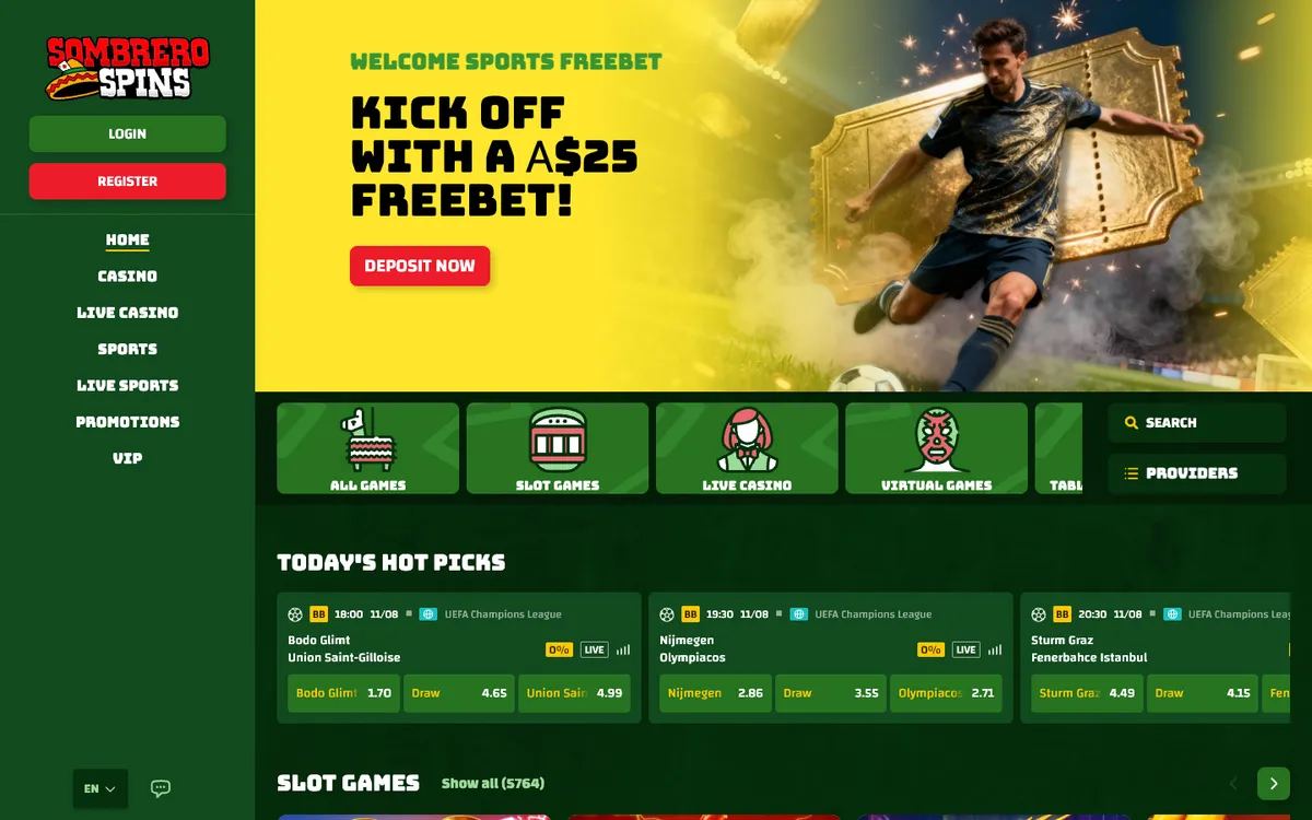 Sombrero Spins Casino — Home page, captured from Australia