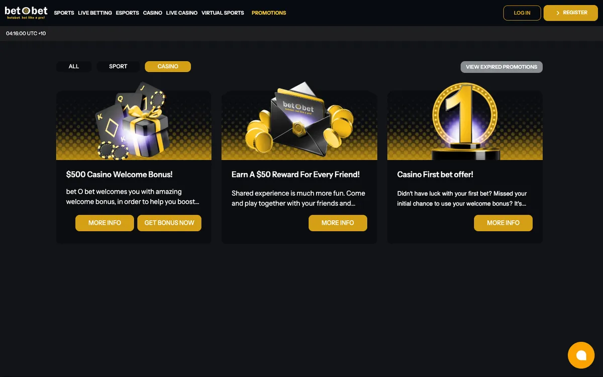bet O bet Casino — Promotions, captured from Australia