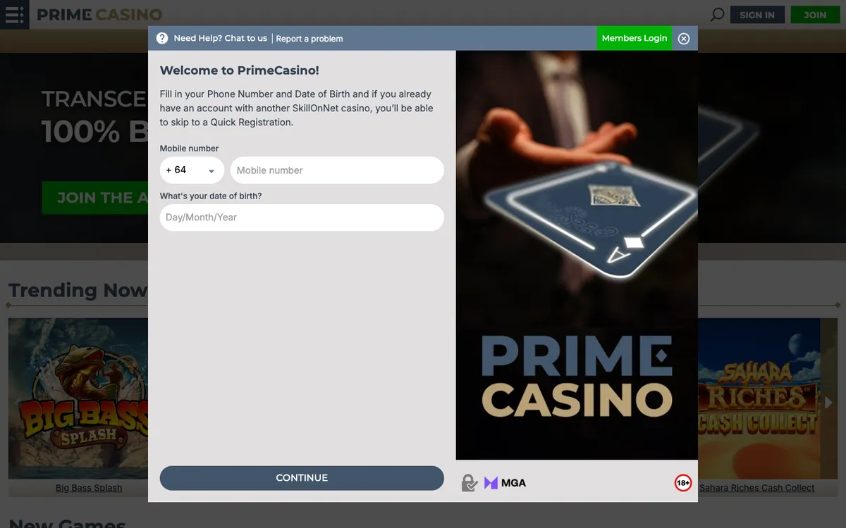 Prime Casino — Sign-up, captured from New Zealand