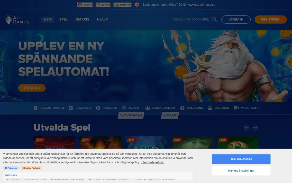 AHTI Games Casino — Home page, captured from Sweden