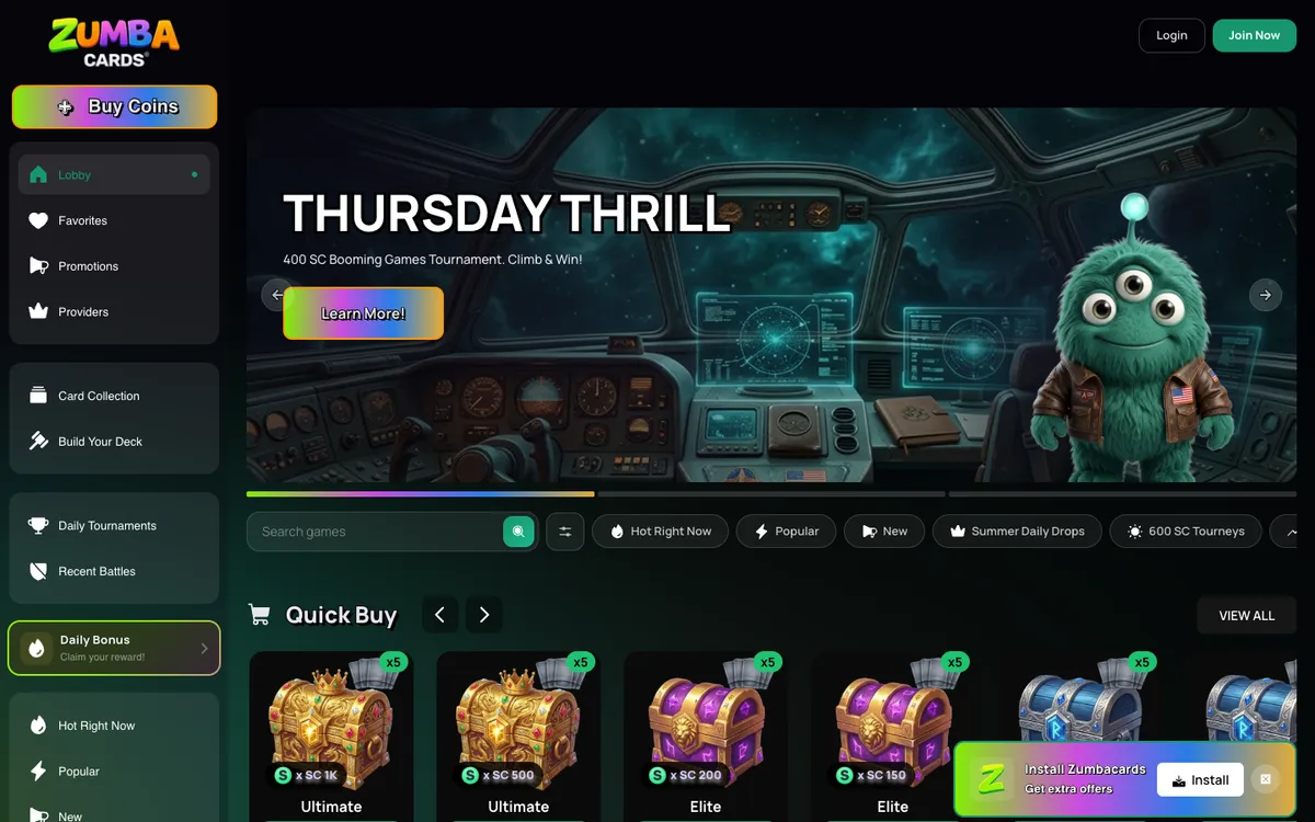 ZumbaCards Casino — Home page, captured from United States