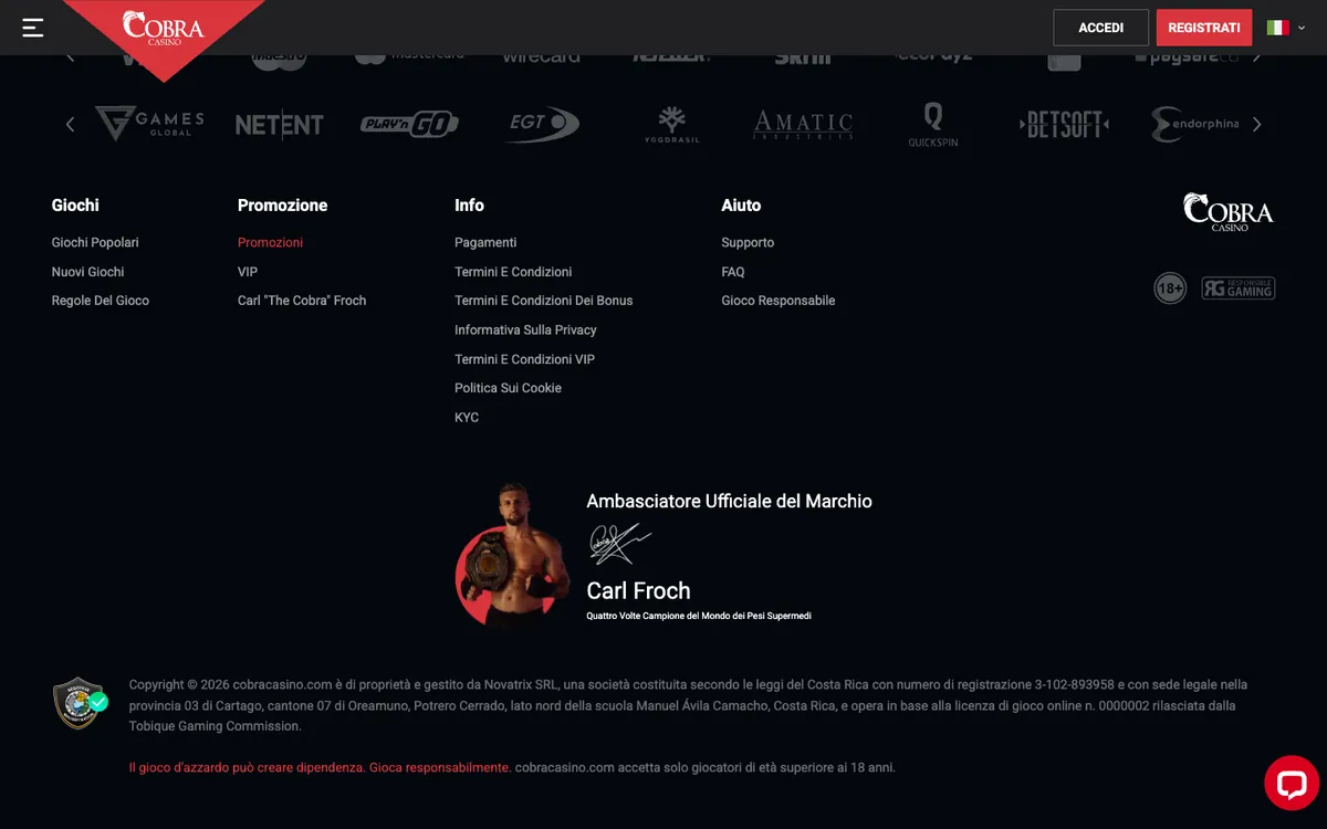 Cobra Casino — «Акции», снято из страны Италия