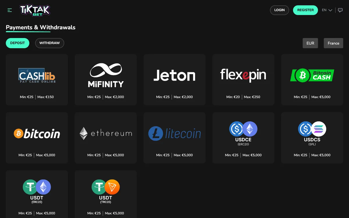 TikTak Bet Casino — Payments, captured from France