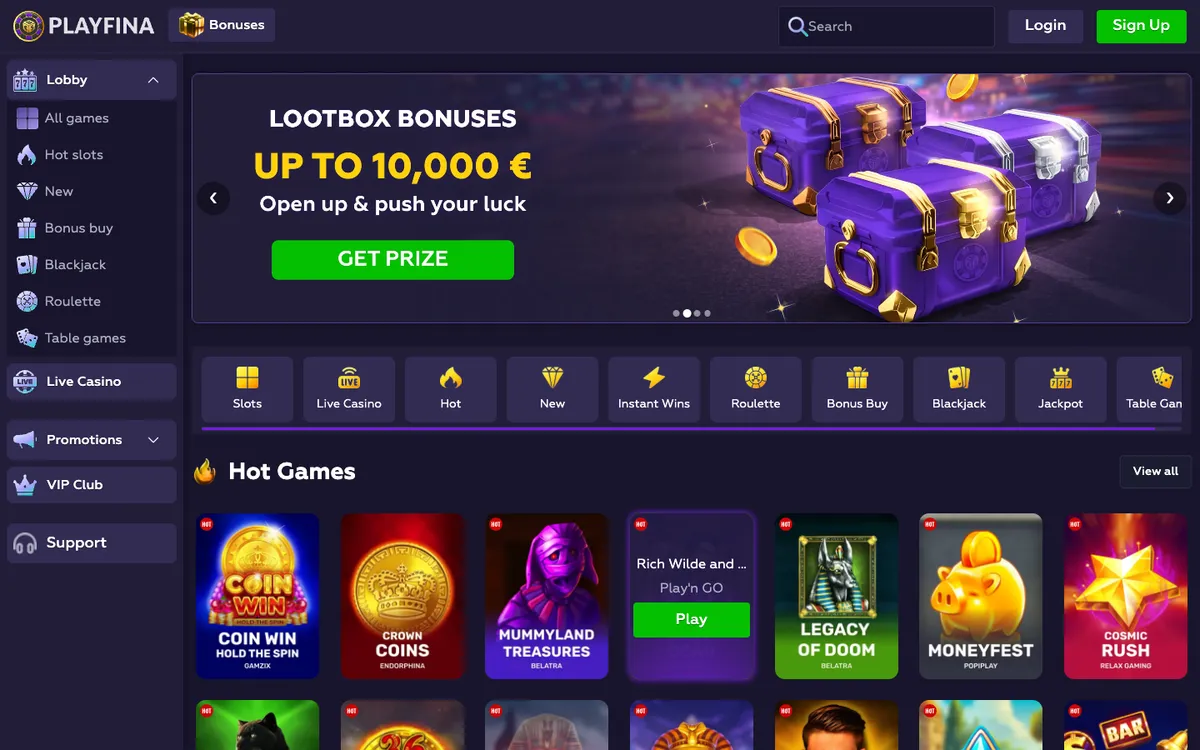 Playfina Casino — Home page, captured from South Africa